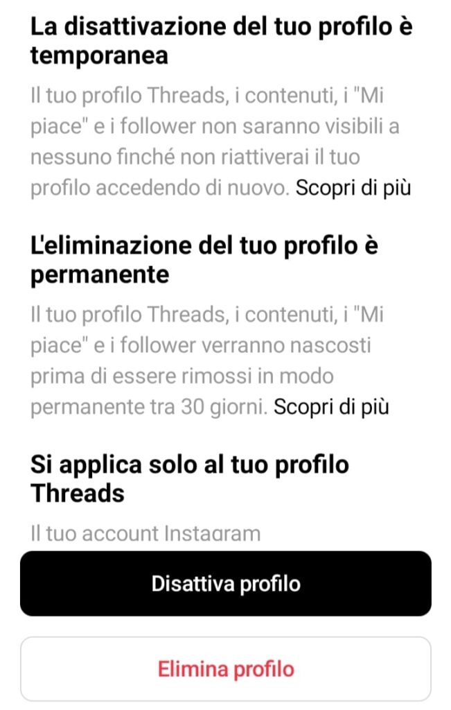 come cancellare profilo threads